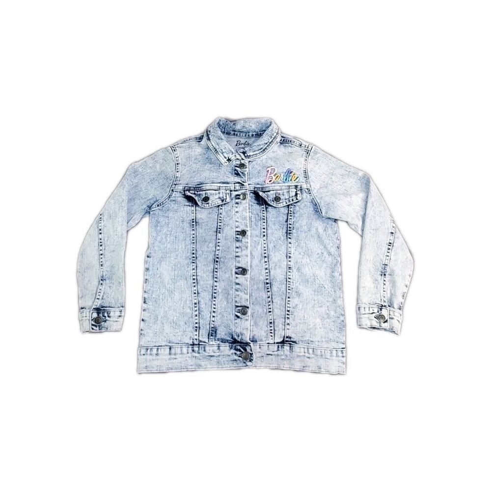 Mattel BARBIE Girls L (10-12) Denim Jean Jacket Blue Logo Distressed Cotton C32